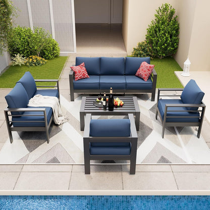 Aluminum Patio Furniture, 8 Pieces Metal Outdoor Furniture Set, Modern Patio Sofa Sets Outdoor Sectional for Pool, Garden, Dark Grey&Blue (Included Waterproof Covers)1