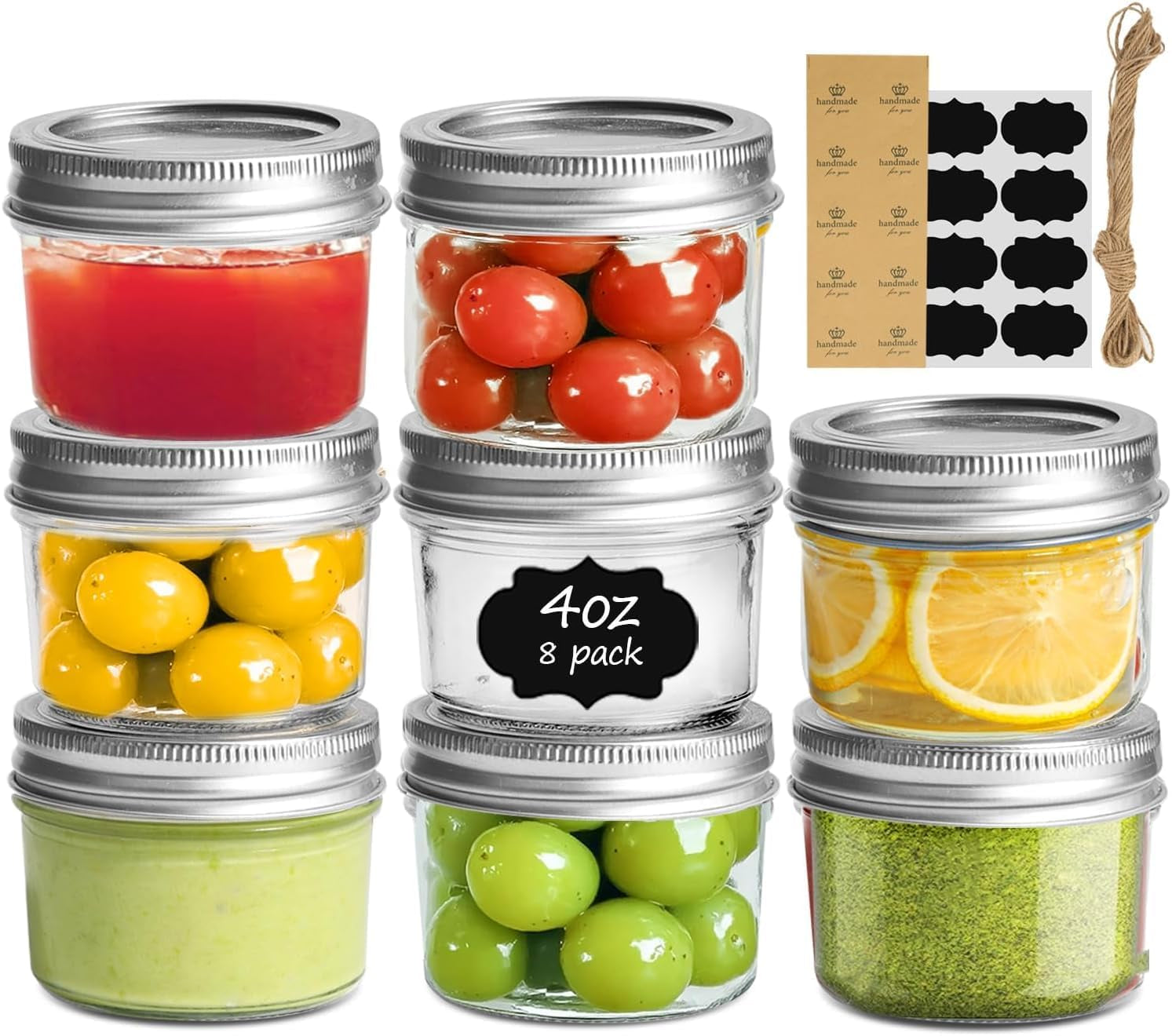 mini-mason-jars-4-oz-8-pack-regular-mouth-glass-jars-with-lids-bpa-free-materials-spice-rack-small-jam-honey-samples-wedding-favors-diy-candles-labels-and-twine