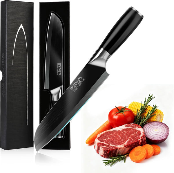 8"/20Cm Santoku Knife, Japanese Hand Forged Chefs Knife High Carbon Steel Core with Wood Ergonomic Handle, Gift Box & Knife Sheath (Black)1