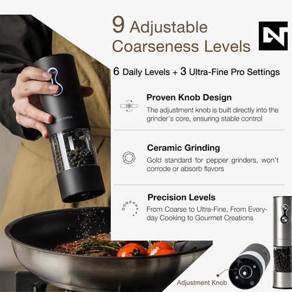 Electric Salt and Pepper Grinder Set USB-C Rechargeable, Dual-Speed Automatic Salt and Pepper Mills with 9 Adjustable Coarseness, Ceramic Burr, LED Light, Refillable, (Stainless Steel)5