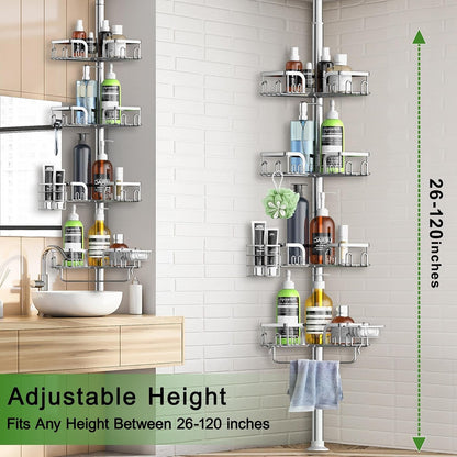 Corner Shower Caddy Tension Pole 4 Tier Adjustable Stainless Steel Shower Shelf for inside Shower Bathtub Shampoo,Standing Bathroom Organizer Shelves with 26 to 120 Inch Height4