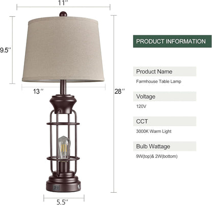 Farmhouse Table Lamps for Living Room Set of 2, 28" Dimmable Touch Control Table Lamp with Oil Rubbed Bronze Finish, Bedroom Lamps for Nightstand, 4 Bulbs Included6