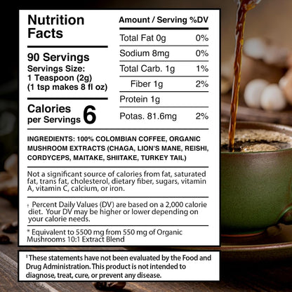 Organic Mushroom Coffee Instant, 7 Superfood Mushroom Blend, 90 Servings | Lions Mane, Chaga, Reishi, Cordyceps, Maitake, Shiitake & Turkey Tail, Colombian Roast, Keto Coffee, Smooth Taste, 1 Pack2