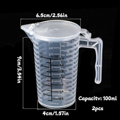 100Ml Plastic Graduated Beaker, 2 Pack Liquid Measuring Cup with Handle with Lid, Measuring Pitcher Measure Containers for Liquid Mixing, Pet Food, Motor Oil, Laboratory, Kitchen2