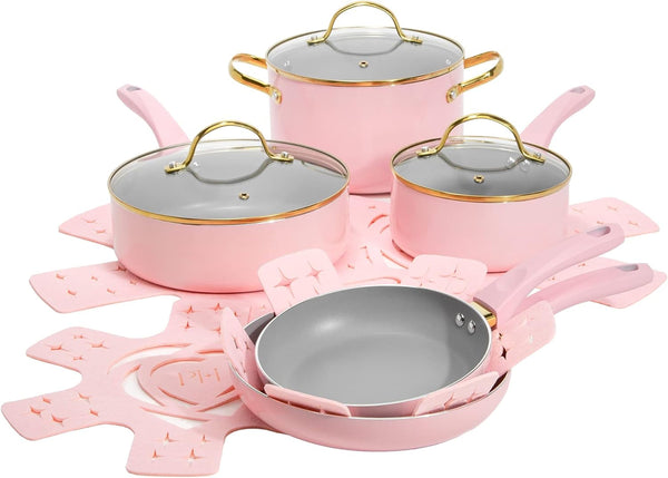 Epic Nonstick Pots and Pans Set, Multi-Layer Nonstick Coating, Tempered Glass Lids, Soft Touch, Stay Cool Handles, Made without PFOA, Dishwasher Safe Cookware Set, 12-Piece, Pink1
