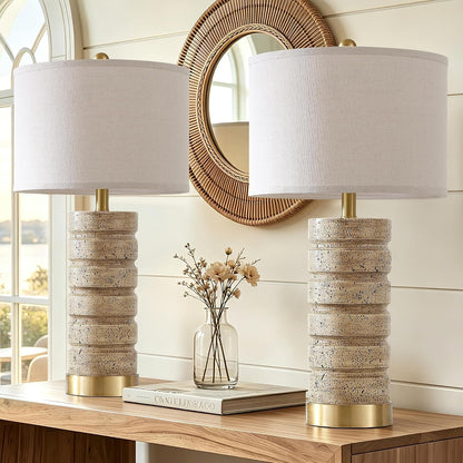 26" Set of 2 Travertine Resin Table Lamps for Bedroom, Brass Base1