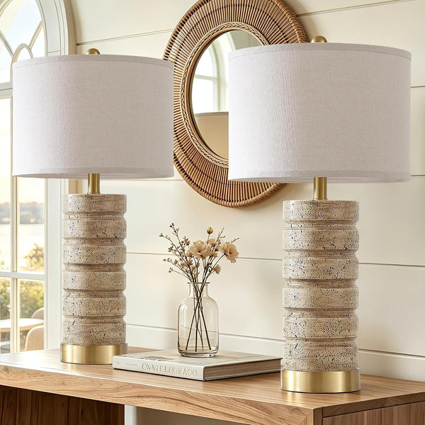 26" Set of 2 Travertine Resin Table Lamps for Bedroom, Brass Base1