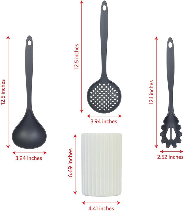 Kitchen Utensils Set, 8Pcs - Nonstick Cooking Tools with Utensil Holder - Nylon Spoon, Ladle, Skimmer, Spaghetti Server, and Turner Spatula Set - Dishwasher Safe, Grey4