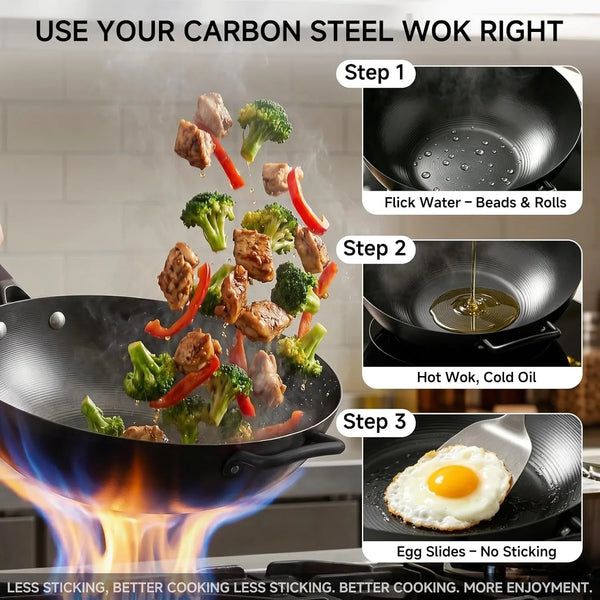 13.5" Carbon Steel Wok Pan - Pre-Seasoned Flat Bottom Woks & Stir-Fry Pans Chinese Cookware with Lid & Spatula - for Pan-Fry,Stir Fry, Steam, BBQ & Camping - Compatible with Induction, Gas6