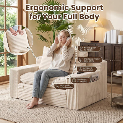 Boneless Couch, 4-In-1 Convertible Sofa Bed, Boneless Loveseat Sleeper, Pull Out Couch with Removable Top Cushion, Pull Handle & Side Pocket, Corduroy Futon for Bedroom, Living Room & Small Spaces6