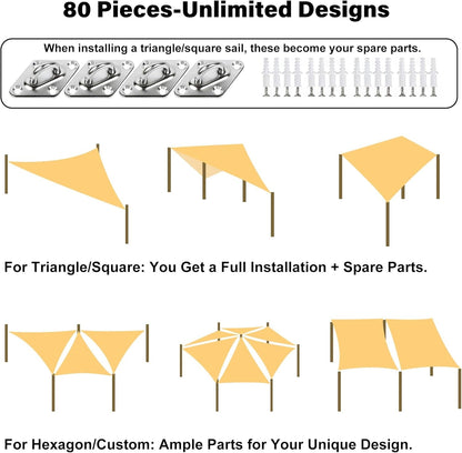 80Pcs Shade Sail Hardware Kit 6 Inch for Triangle Rectangle Sun Shade | Sun Shade Hardware Kit, 304 Grade Stainless Steel Turnbuckles & Brackets for Outdoor Patio Shade Canopy Tarp2