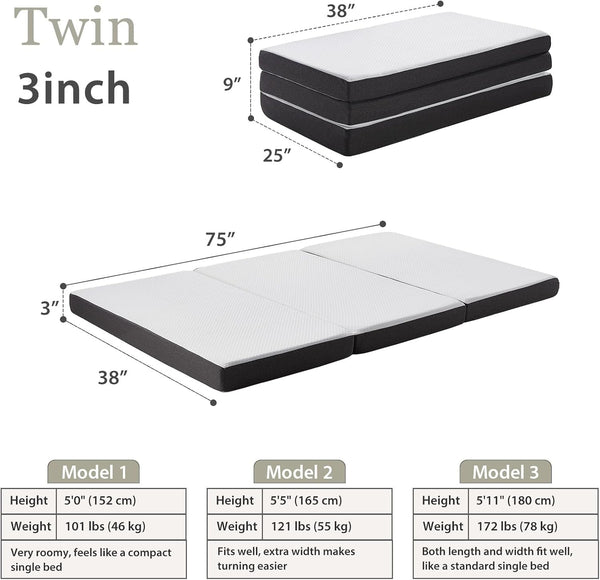 Tri Fold Memory Foam Foldable Mattress Twin, 3 Inch Folding Mattress for Guest Sleep. Portable Trifold Mat with Removable Washable Cover, Floor Sleeping Mat for Adult and Kid3