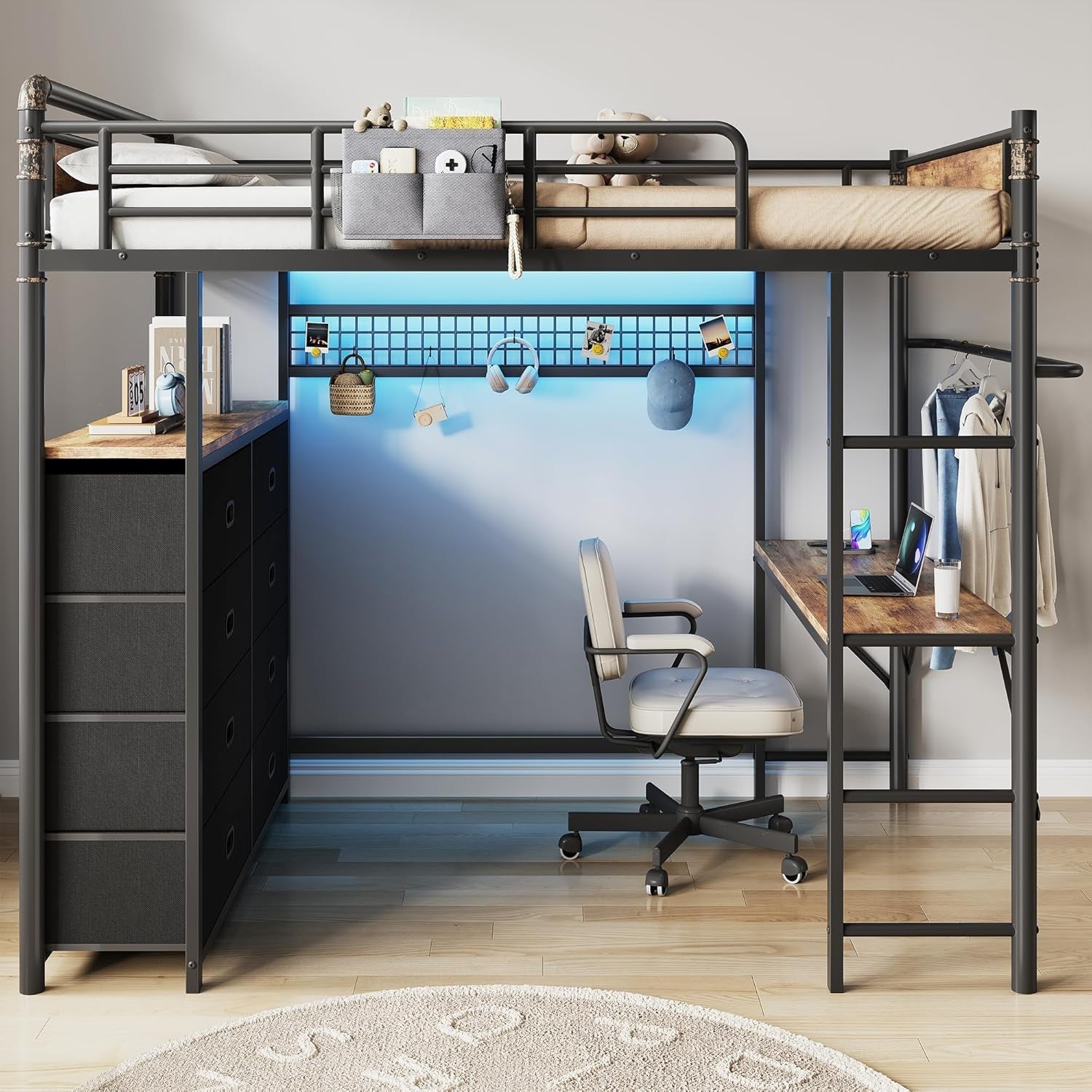 twin-loft-bed-with-desk-and-8-storage-drawers-metal-loft-bed-twin-size-with-led-lights-charging-station-bed-frame-with-hanging-rod-safety-guardrail-ladder-for-kids-teens-rustic-brown