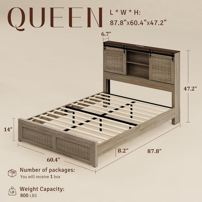 Queen Size Bed Frame with Storage Headboard, Reading Lights, Oak4