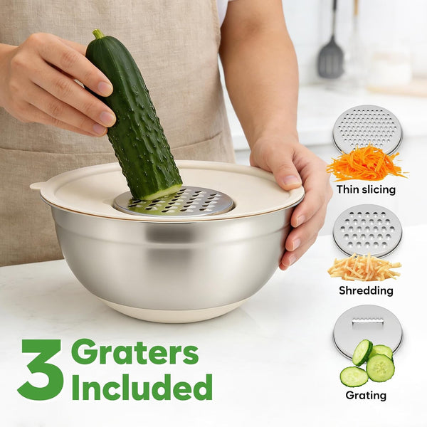 Mixing Bowls with Airtight Lids Set, Stainless Steel Salad Bowls with Non-Slip Silicone Bottoms, 8PCS Nesting Kitchen Bowls with Colander,Grater Attachments, for Mixing Cooking Prep3