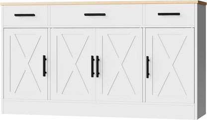 Buffet Cabinet with Storage,53.4" Large Kitchen Storage Cabinet with 3 Drawers and 4 Doors,Wood Farmhouse Buffet Sideboard with Adjustable Shelf for Kitchen Living Room, White1