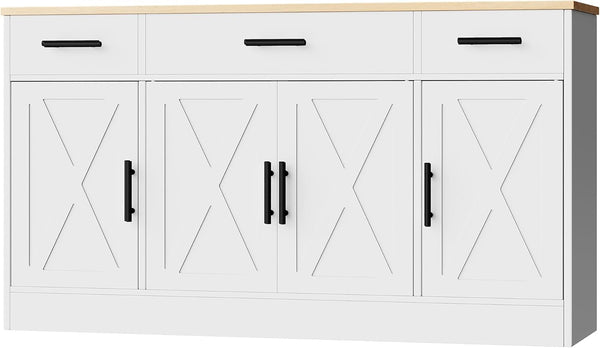 Buffet Cabinet with Storage,53.4" Large Kitchen Storage Cabinet with 3 Drawers and 4 Doors,Wood Farmhouse Buffet Sideboard with Adjustable Shelf for Kitchen Living Room, White1