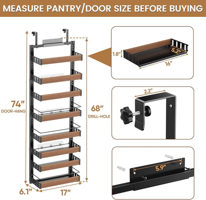 8 Tier over the Door Pantry Organizer, 2 in 1 Wall Mount or Hanging Spice Rack Seasoning Shelves with Adjustable Basket, Back of Door Organizer and Storage for Kitchen Cabinet and Room Closet2
