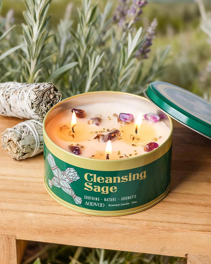 Sage Candle for Cleansing - 3 Wick 12Oz Large Scented Candle with Crystals & Sage Leaves Inside, Soy Candles Non Toxic for Meditation Spiritual Gift, Aromatherapy Candle for Women Men4