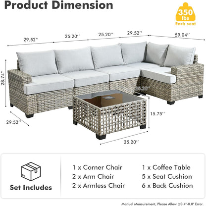 Outdoor Sectional Patio Furniture Set,6 Pieces Wicker Conversation Sets L Shaped Couch,Extra Deep Out Door Sofa outside Furniture,Light Grey7