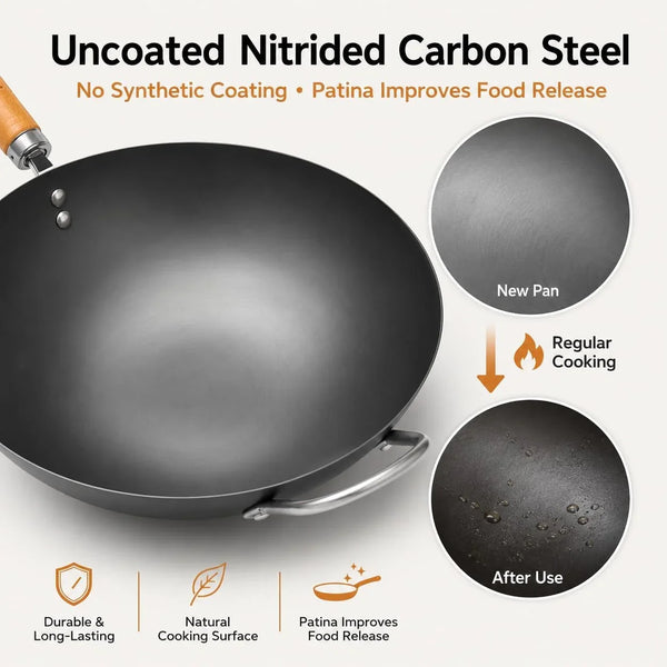12.6 Inch Carbon Steel Wok with Lid, Flat Bottom Wok Pan for Induction, Electric and Gas Stoves, Uncoated Chinese Stir Fry Pan with Wooden Handle6