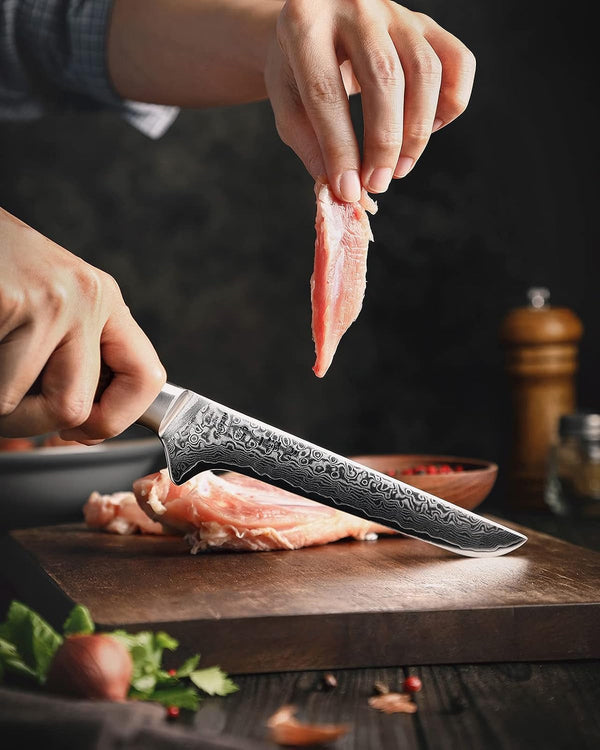 6-Inch Boning Knife – 67 Layers Damascus Steel, Professional Meat Trimming & Deboning Knife for Home Cooking, Figured Sycamore Handle7