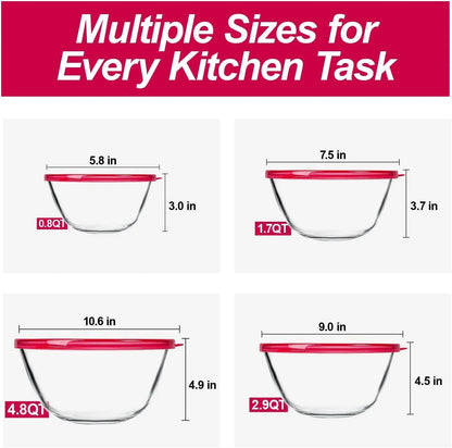 4 Pack Glass Mixing Bowls Set with Lids (4.8QT, 2.9QT, 1.7QT, 0.8QT) | Glass Nesting Bowls for Kitchen Baking, Cooking and Serving, Oven, Dishwasher, Freezer, and Microwave Safe2