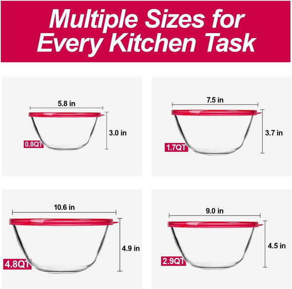 4 Pack Glass Mixing Bowls Set with Lids (4.8QT, 2.9QT, 1.7QT, 0.8QT)2