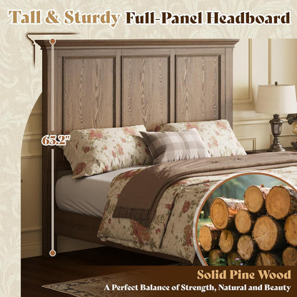 Solid Wood Queen Bed Frame with 65.2" High Headboard4