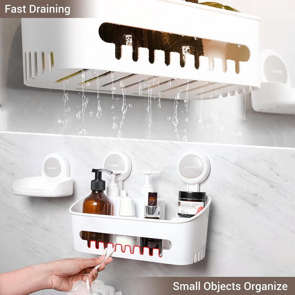 4 Pack Shower Caddy Set - Suction Cup Shower Shelf+Soap Dish+Hooks - 1 Sec Installation No-Drill Removable Powerful Waterproof Organizer for Bathroom/Kitchen/Rv 22LBS Capacity Removable5