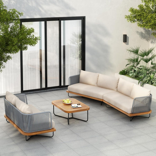 Justin 4 Pieces Conversation Set, Acacia Wood Chat Set, 3 Woven Rope Outdoor Sofa and Slat Panel Coffee Table, Patio Furniture Set for Backyard Balcony Garden, Teak+ Beige1