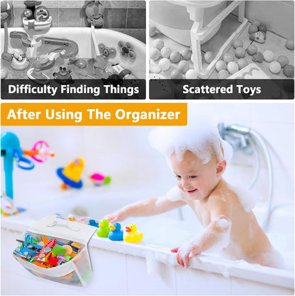 Bath Toy Organizer with 2 Large Pockets, Mesh Bathtub Toy Holder for Kids, Quick Dry Bathroom Storage Bag, Saddle Style Bath Toy Storage for Shampoo, Soap & Bath Essentials, Fits Tub Edges up to 6"4