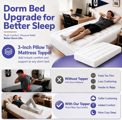 Twin XL Mattress Topper for College Dorm Room Essentials, 3 Inch Dual Layer Memory Foam with Plush Pillow Top, Extra Long Dorm Bed Topper for Back Pain Relief and Comfortable Sleep2