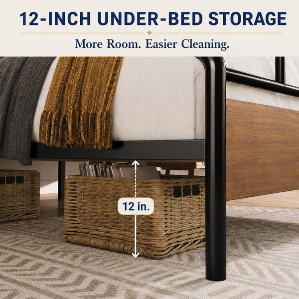 Full Size Industrial Bed Frame with Wood Panels, Walnut4