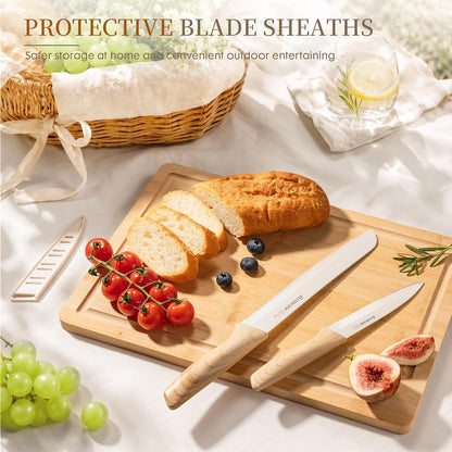 Knife Set, 13 Pieces Kitchen Knives Set with Ceramic Coating, Stainless Steel Chef Knife Sets with 6 Blade Guards, Dishwasher Safe Knives with Wood Grain Handle, Elegant White2