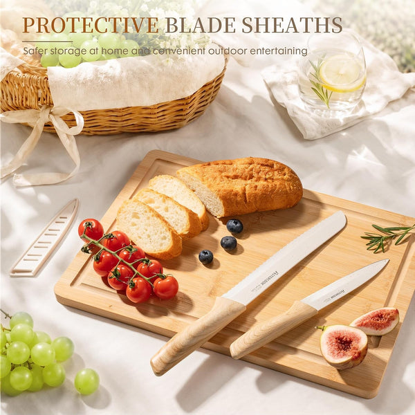Knife Set, 13 Pieces Kitchen Knives Set with Ceramic Coating, Stainless Steel Chef Knife Sets with 6 Blade Guards, Dishwasher Safe Knives with Wood Grain Handle, Elegant White2