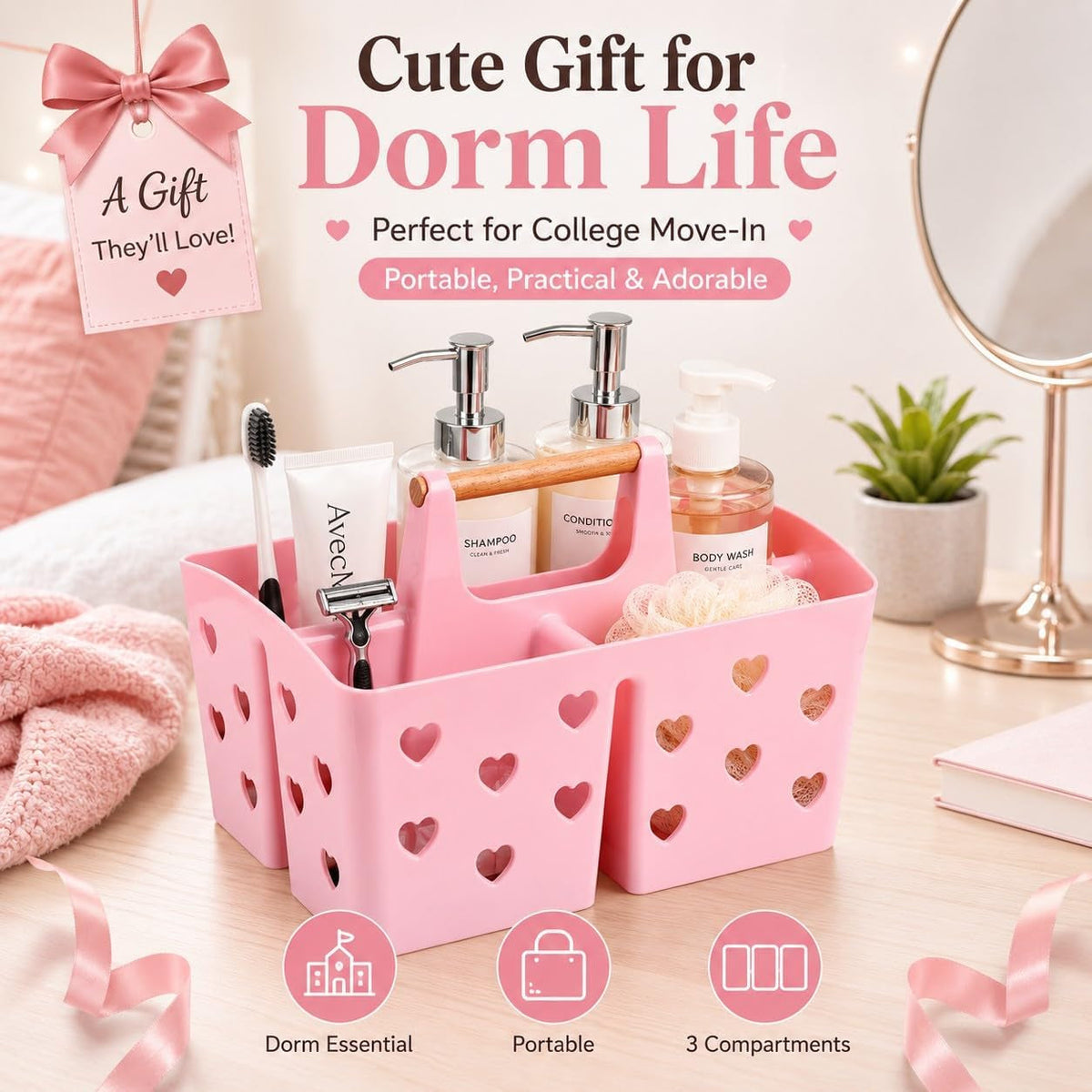 pink-portable-shower-caddy-plastic-basket-organizer-with-wooden-handle