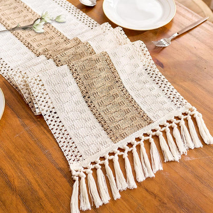 Boho Table Runner for Fall Home Decor with Tassels 72 Inches, Farmhouse Rustic Cream & Brown Table Runners for Bohemian Kitchen Summer Dining Table(12X72In, Fringe Included)1