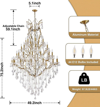 44-Lights Large Crystal Chandelier for High Ceilings, Brass Chandelier Modern Light Fixture Maria Theresa Chandeliers for Foyer Entryway Staircase Living Lobby, H75.2 X D49.2-Included Bulbs4