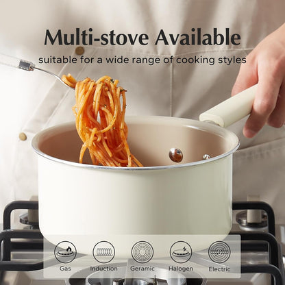 Ceramic Nonstick Saucepan with Lid, 2.5QT Small Cooking Pot, Non Toxic Sauce Pans for Kitchen, Cool Handle PFAS Free Compatible with All Cooktops, White6