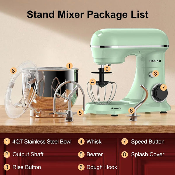 4QT Electric Stand Mixer, 10-Speed Tilt-Head Compact Kitchen Mixer | Multiple Stylish Colors | Food Mixer with Dough Hook & Beater & Whisk | for Cake & Bread | Dishwasher-Safe | Light Green2