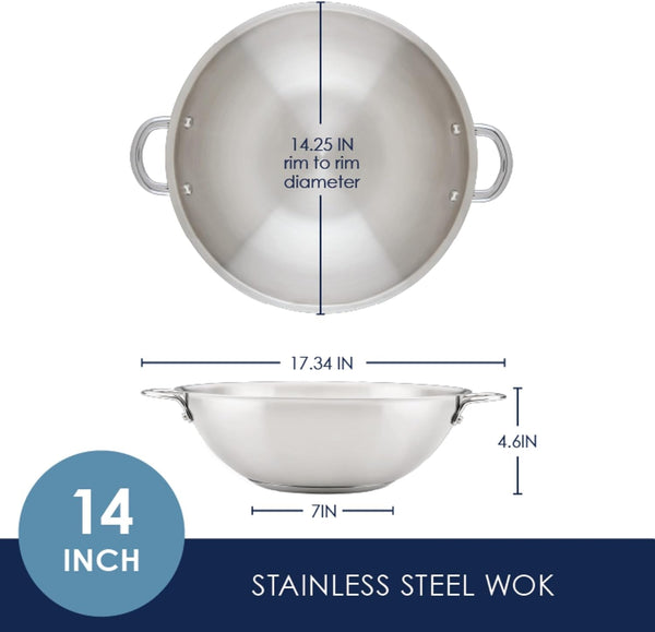 Professional Stainless Steel Wok/Stir-Fry Pan, Compatible with All Cooktops, Induction Ready, Dishwasher and Metal Utensil Safe, 14 Inch - Stainless Steel2