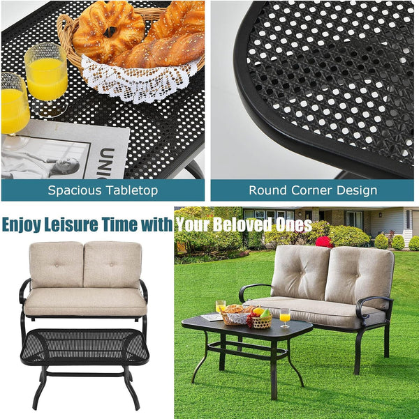 Patio Loveseat with Table Set, 2 Seat Cushioned Sofa with Coffee Table, Patio Conversation Sofa Set with Rustproof Frame, 2 Pieces Outdoor Furniture Set for Garden, Poolside, Balcony (Beige)6