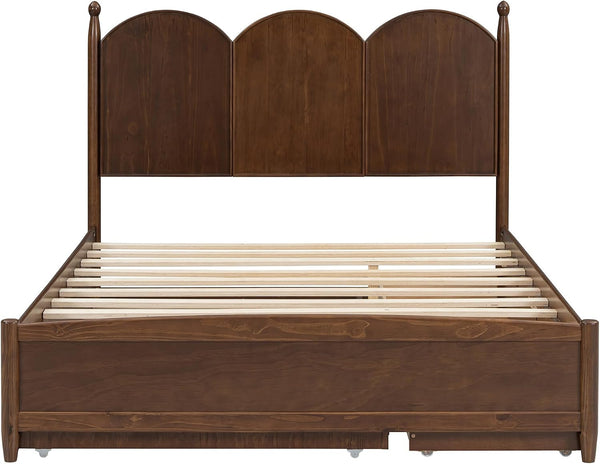 Queen Size Platform Bed with 2 Storage Drawers and Twin XL Size Trundle, Rustic Design Wooden Bed Frame, Walnut6