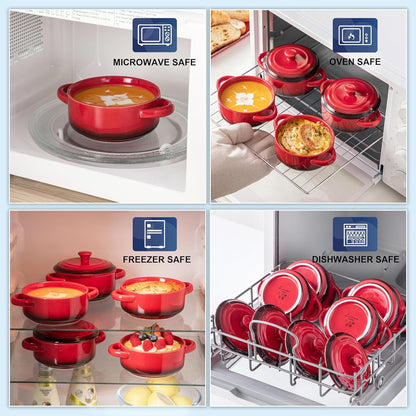 Mini Cocotte Set,12 OZ Small Casserole Dishes with Lids, Soup Bowls with Handles,Individual Baking Ramekins,Oven, Microwave & Dishwasher Safe,Set of 4,Red4