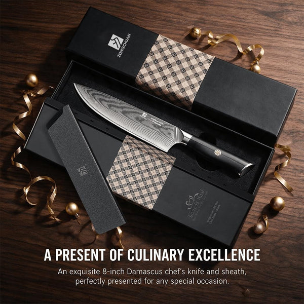 8-Inch Damascus Chef Knife, 67-Layer High Carbon Stainless Steel Kitchen Knife with Ergonomic G10 Handle, Protective Sheath & Gift Box for Home and Professional Use8