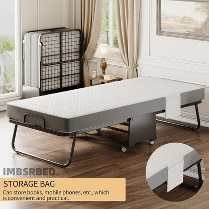 Deluxe Folding Bed with Mattress with 5-Inch Memory Foam Mattress on Rollers for Easy Storage with Metal Frame and Bed Side Pockets (75"×31")7