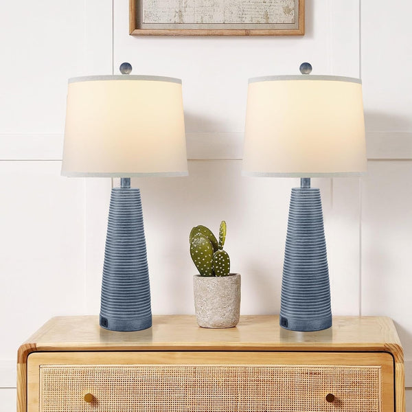 Nightstand Lamp Bedside Lamps Set of 2 Vintage Rustic Farmhouse Table Lamp 3 Way Dimmable Horizontal Stripe Light,Suitable for Living Room Bedroom,With Linen Shade LED Bulb,Usb A+C Port1