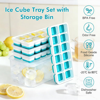 Ice Cube Tray with Lid & Bin - 4 Pack 48 Cubes Stackable Silicone Trays for Freezer with Storage Container, Leak-Proof Lids, Bpa-Free, Easy Release for Kitchen, RV, Party, Cocktail & Coffee2