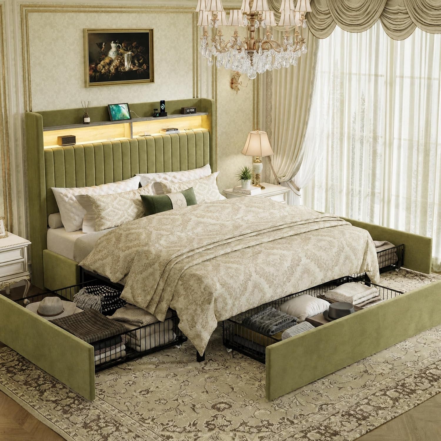 queen-upholstered-platform-bed-frame-with-3-spacious-storage-drawers-built-in-led-lights-charging-station-vertical-tufted-headboard-with-shelf-no-box-spring-needed-velvet-green